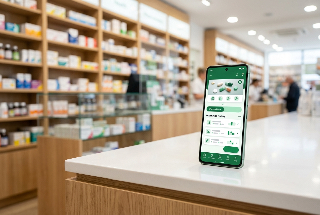 Digital pharmacy application on a mobile device in a modern pharmacy setting