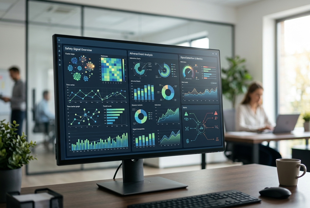 RxGenius.ai analytics dashboard for medical information and safety signal monitoring